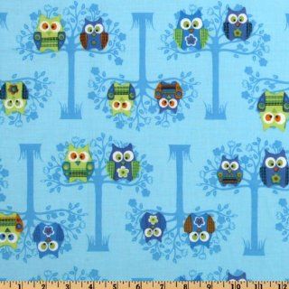 Owls Sitting Pretty Blue Fabric