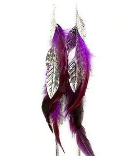 HOT XX Long Purple Feather and Leaf Charm Tri tone Chain Earrings Jewelry