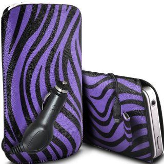 Fone Case Huawei Ascend P1 LTE Protective Zebra PU Leather Pull Cord Slip In Pouch Quick Release Case & 12v Micro USB In Car Charger (Purple & Black) Cell Phones & Accessories
