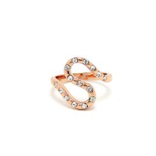 Fashion Rose Gold Tone Metal Letter S Shaped Rhinestone Ring with Clear Rhinestones; 0.75" L; Size 7 only Jewelry
