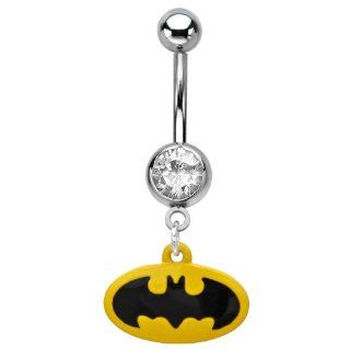 316L Surgical Steel Batman Logo Dangle Belly Button Ring with Gem   14G (1.6mm)   Sold Individually Body Piercing Rings Jewelry