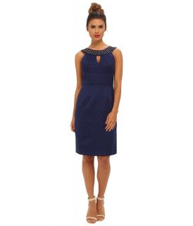 Muse Cut Out Front Vee Back Jaquard Sheath Dress Womens Dress (Navy)