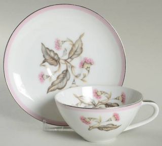 Japan China Symphony Flat Cup & Saucer Set, Fine China Dinnerware   Pink Flowers