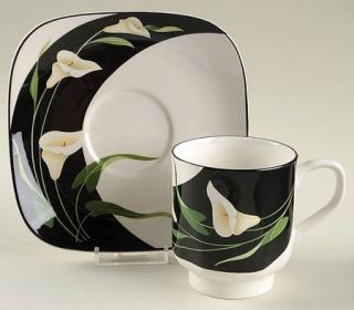 Sango Black Lilies (Quadrille) Footed Cup & Saucer Set, Fine China Dinnerware  