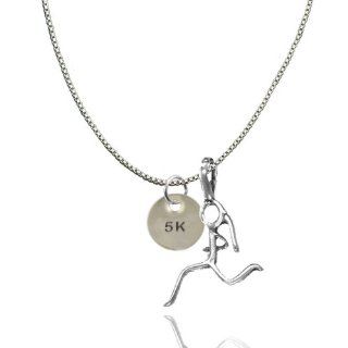 Sterling Silver 5K Hand Stamped Pendant and Stick Figure Runner Charm Necklace  Box Chain 16" Jewelry