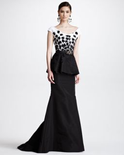 Oscar de la Renta Floral Embroidered Peplum Gown, Black/White