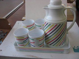 Retro Decorative Picnic Drink Set with Tray  Not for drinking from For decoration only. Contains 4 16oz Cups, a 34oz Thermal Pitcher and a 12 3/4 inch x 9 1/2 inch Serving Tray   Has Multi color stripes as design   DECORATION ONLY  