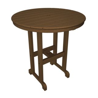 POLYWOOD 35.12 in Teak Recycled Plastic Round Patio Bar Height Table