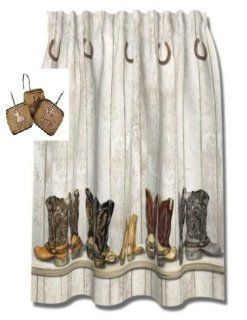 Saddle Up Shower Curtain Set   Contains 1 70"x72" Shower Curtain and 12 Matching Resin Decorative Hooks   Western Cowboy Boots   Saddle Up Bath Set