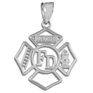 10k White Gold FD Open Badge Firefighter Pendant Jewelry