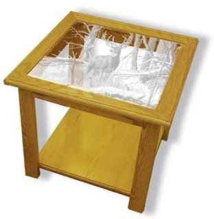 Oak Glass Top End Table With Deer Etched Glass   Deer End Table Furniture   Unique Deer Gift Ideas   Fully Assembled   22" x 22" x 20" high  