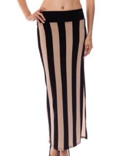 Clothes Effect Mocha Black Ladies Vertical Striped Banded Waist Slit Skirt