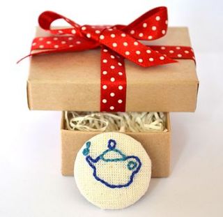 hand embroidered teapot brooch by adventures and tea parties