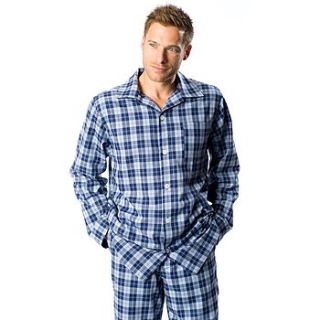 mens blue check brushed cotton pyjamas by pj pan pyjamas