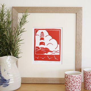 hand printed the lighthouse lino print by fiona carver