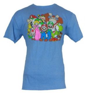 Super Mario Bros Mens T Shirt   Giant Cast Pic Even the Bad Guys Heather Blue Clothing