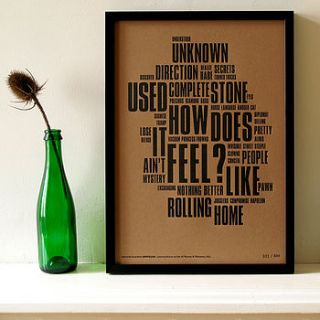 'like a rolling stone' letterpress print by wasted & wounded