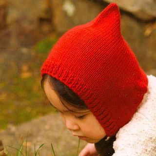 hand knitted pixie hat and mittens by carmelia linen