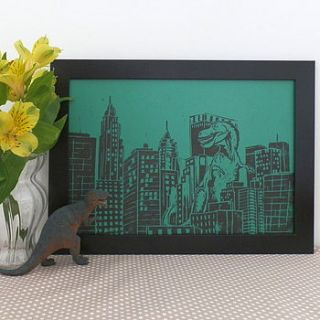 dinosaur stomping linocut print by woah there pickle