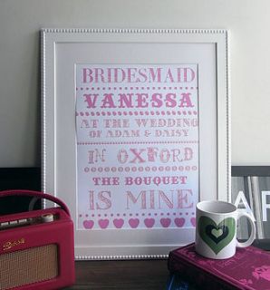 bridesmaid personalised wall art by that lovely shop