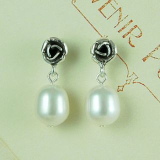 silver rose pearl drop earrings by highland angel