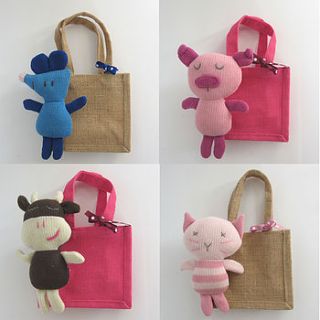 mini knitted animal in a bag by owl & cat designs