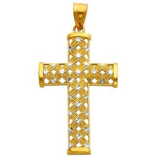 14K Two Tone Gold Religious Cross Charm Pendant GoldenMine Jewelry