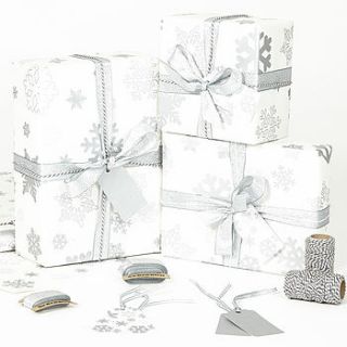 silver snowflakes white wrapping paper by sophia victoria joy