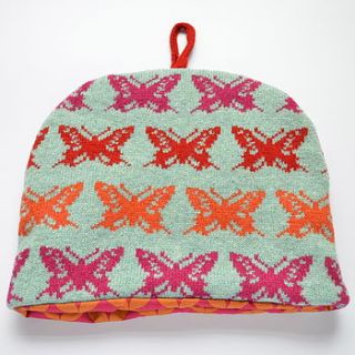 butterfly knitted tea cosy by nervous stitch