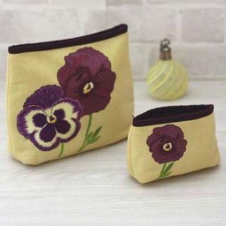 embroidered pansy wash bag and make up bag by heart & parcel