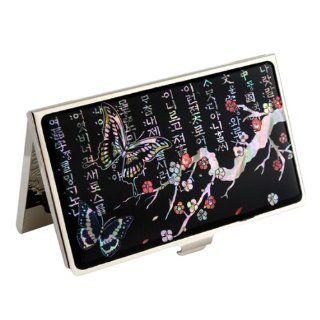 Mother of Pearl Metal Plum Blossom, Butterfly and Korean Letter Hangeul Design Black Business Credit Name Id Card Holder Case Stainless Steel Engraved Slim Purse Pocket Cash Money Wallet 