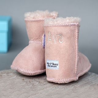 personalised baby pink sheepskin booties by my 1st years