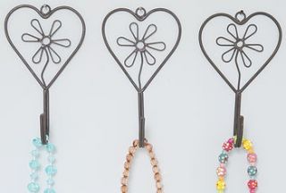 set of three metal flower heart hook by the heart store