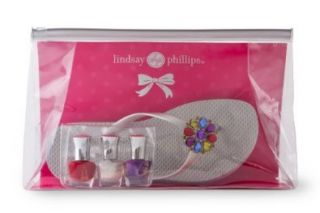 Lindsay Phillips 'Pedi Set Go' Silver Jordi Flip Flops with Multi Colored Snap and 3 Mini Nail Polishes   Size 6 Shoes