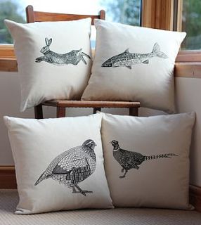 set of four printed hare, bird, fish cushions by bird