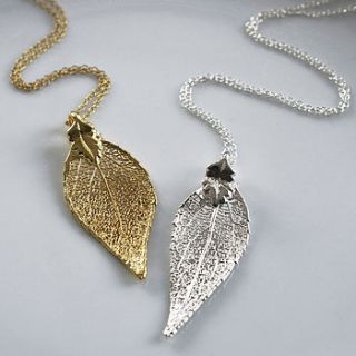 evergreen leaf necklace in gold or silver by martha jackson