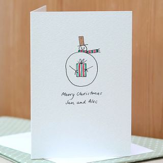 personalised 'snowman with gift' handmade card by hannah shelbourne designs