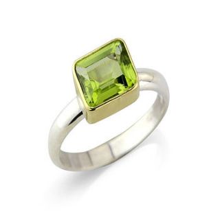 rectangular peridot silver ring in 18ct gold by argent of london