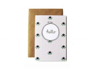 'hello' embroidery hoop card by scissor monkeys