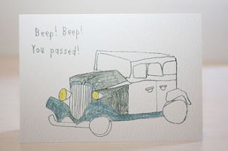 'beep, beep you passed' card by death by tea