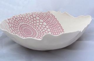 large porcelain dish with crochet decoration by stephanie earl