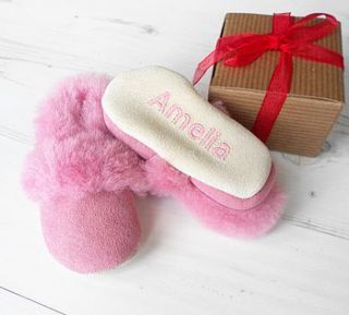 personalised pink sheepskin booties by born bespoke