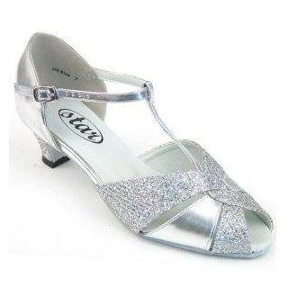 Star Ladies 600612 Silver Leather Low Heel T Strap Sandal Heel 1.5" Slim Cuban Shoes