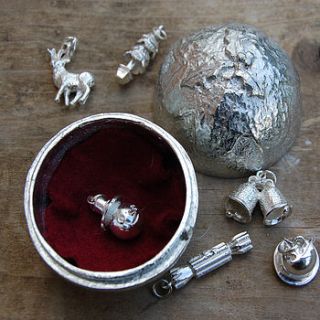 pewter christmas pudding  and 6 silver charms by hunter gatherer