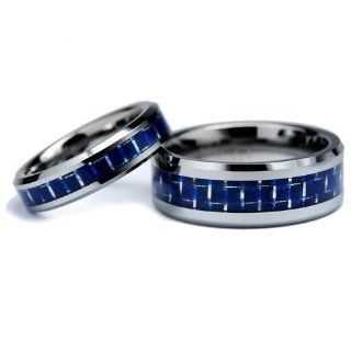 His & Hers Matching Set 5MM / 8MM Tungsten Carbide Wedding Band Set With Blue Carbon Fiber Inlay (Available Sizes 5MM 5 to 8.5 & 8MM 8 to 12) Please e mail sizes Rings Jewelry