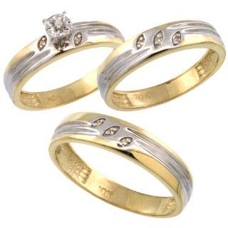 10k Gold 3 Pc. Trio His (5mm) & Hers (4.5mm) Diamond Wedding Ring Band Set, w/ 0.075 Carat Brilliant Cut Diamonds (Ladies' Sizes 5 10; Men's Sizes 8 to 14) Jewelry