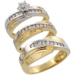 14k Gold 3 Piece Trio His (8mm) & Hers (5mm) Diamond Wedding Band Set w/ Rhodium Accent, w/ 0.52 Carat Brilliant Cut Diamonds; Ladies Size 7.5 Jewelry