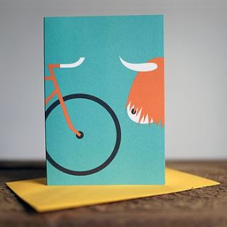 highland fling bike greetings card by rebecca j kaye
