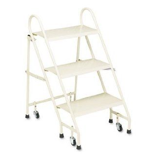 Steel Folding Three Step Ladder W/Retracting Casters Beige  Other Products  
