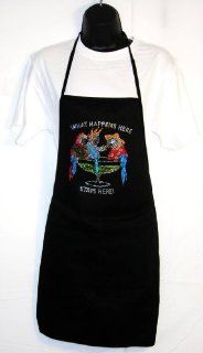 Classic Black Apron   " What Happens Here, Stays Here "  Rhinestone Polyblend Two Pocket Margaritaville   Kitchen Aprons